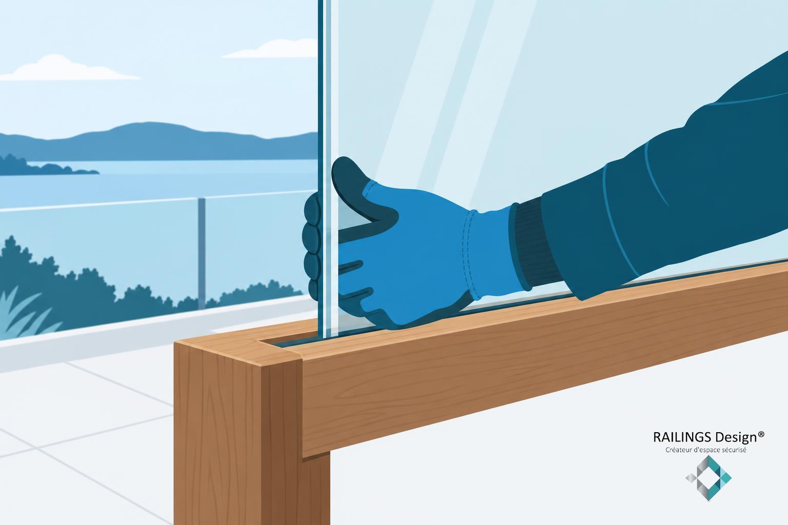 Mains gantées posant une barre de verre dans un cadre en bois sur une terrasse.